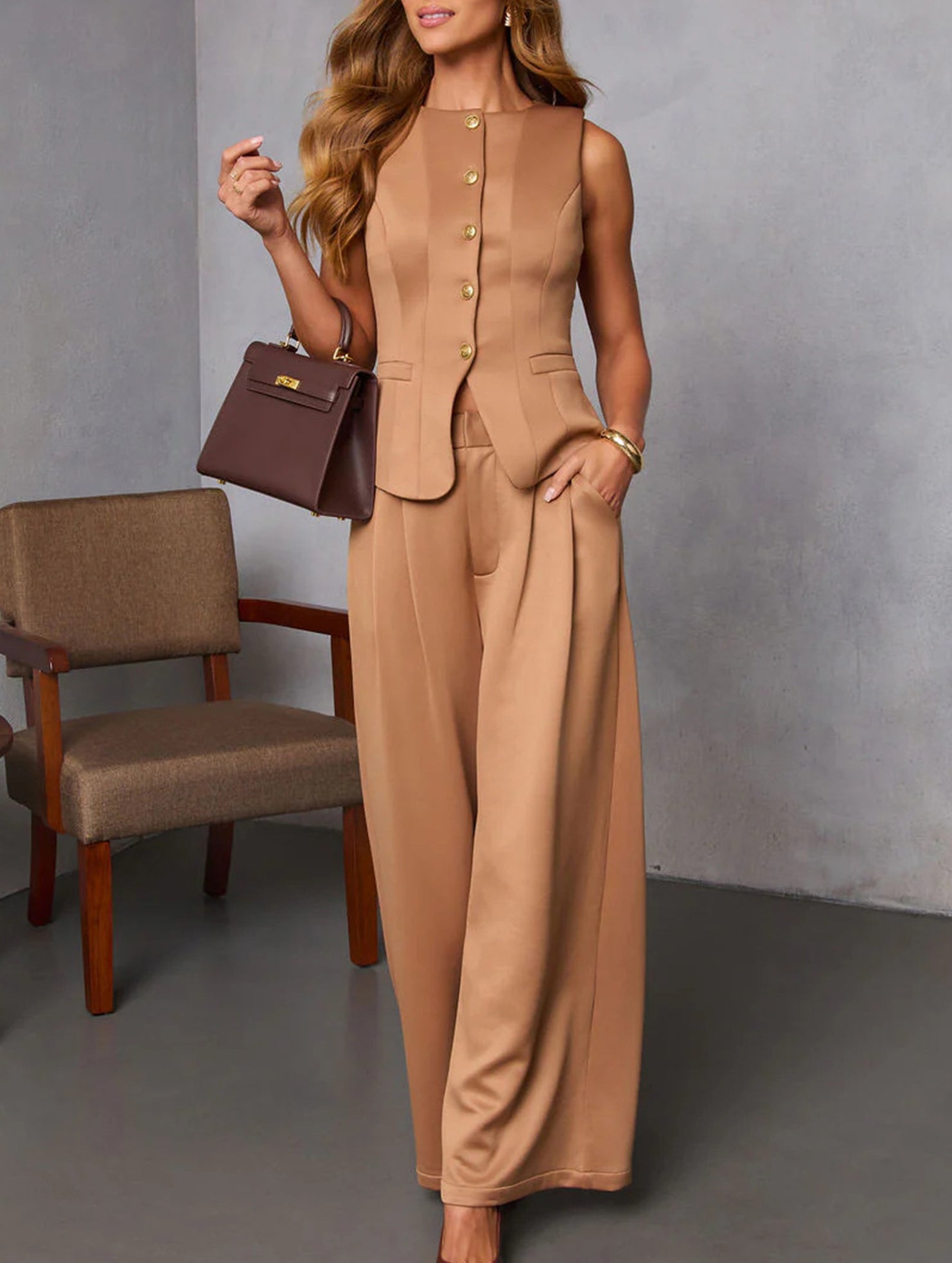 Suit Vest Wide Leg Pants Casual Set