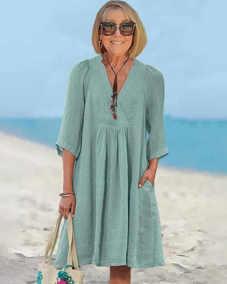 Women's Cotton and Linen Half Sleeve V-neck Loose Casual Pocket Dress