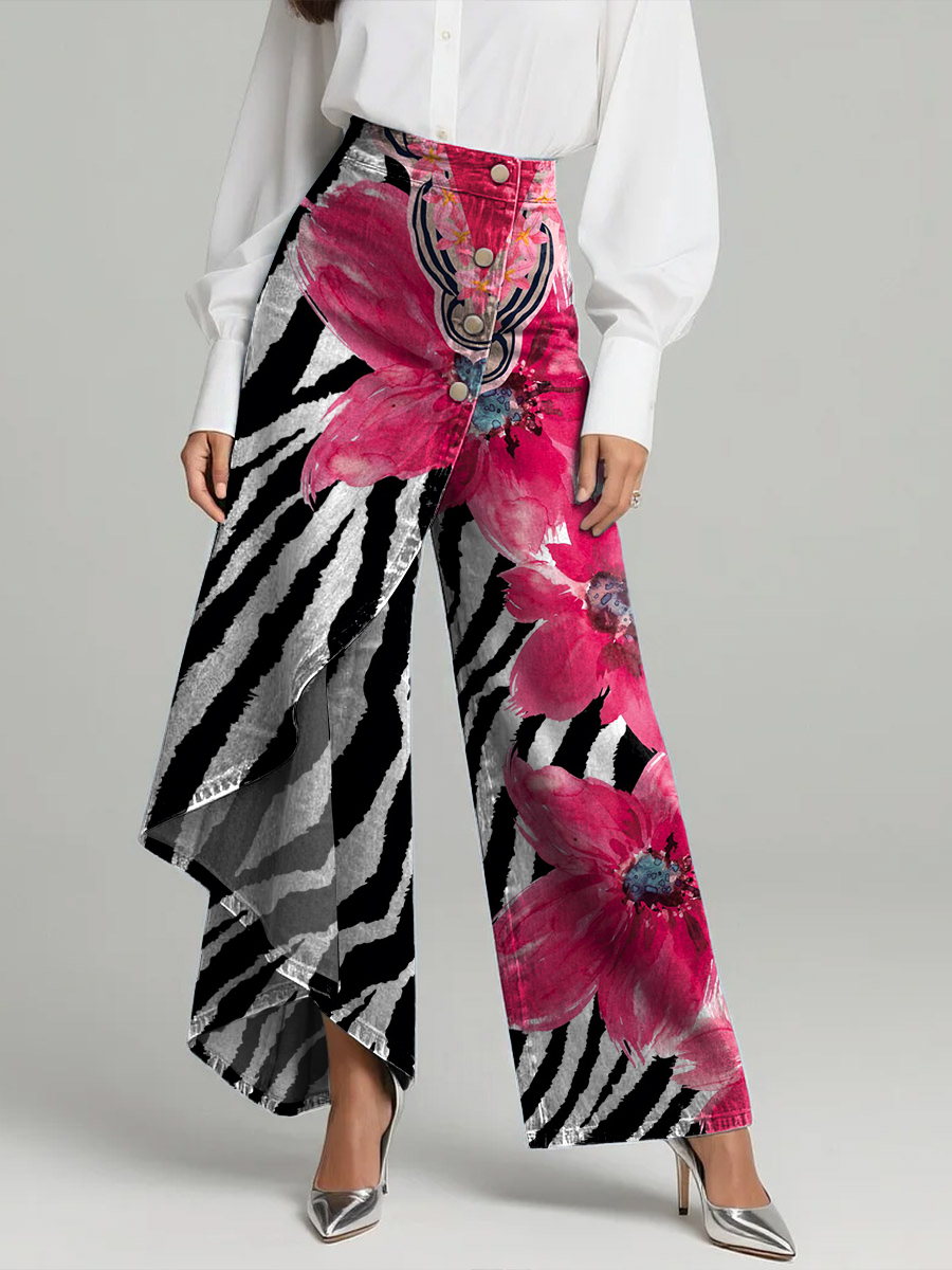 Women's Vintage Flowers Print High-waisted Relaxed Fit Wide-leg Jeans With A Stylish Design.