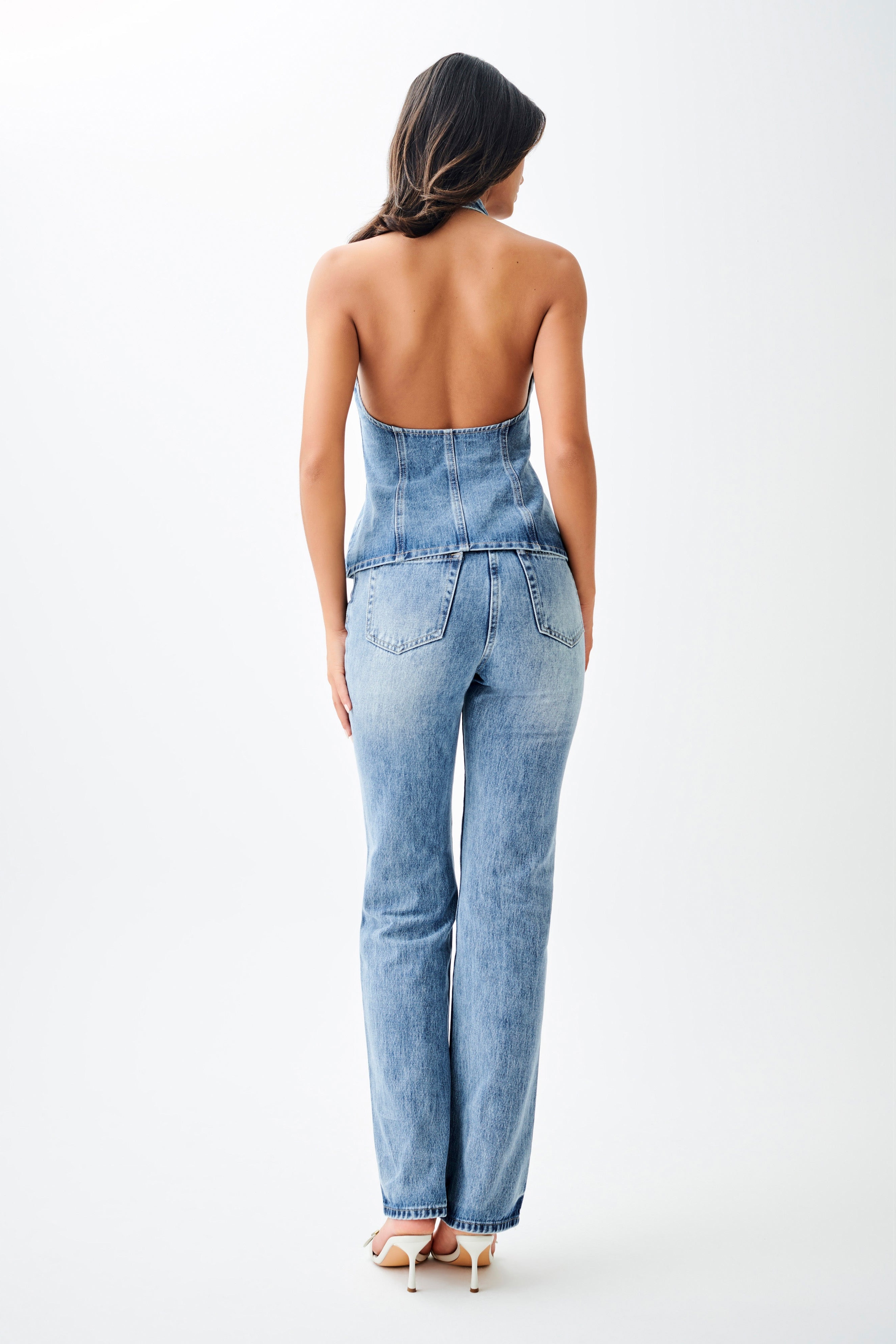 Blue Button Front Halter Denim Longline Top