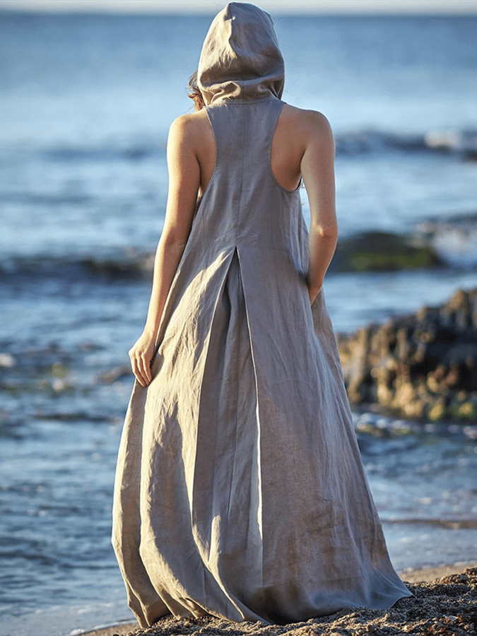 Women's Retro Solid Color Hooded Sleeveless Loose Casual Cotton Dress  316b