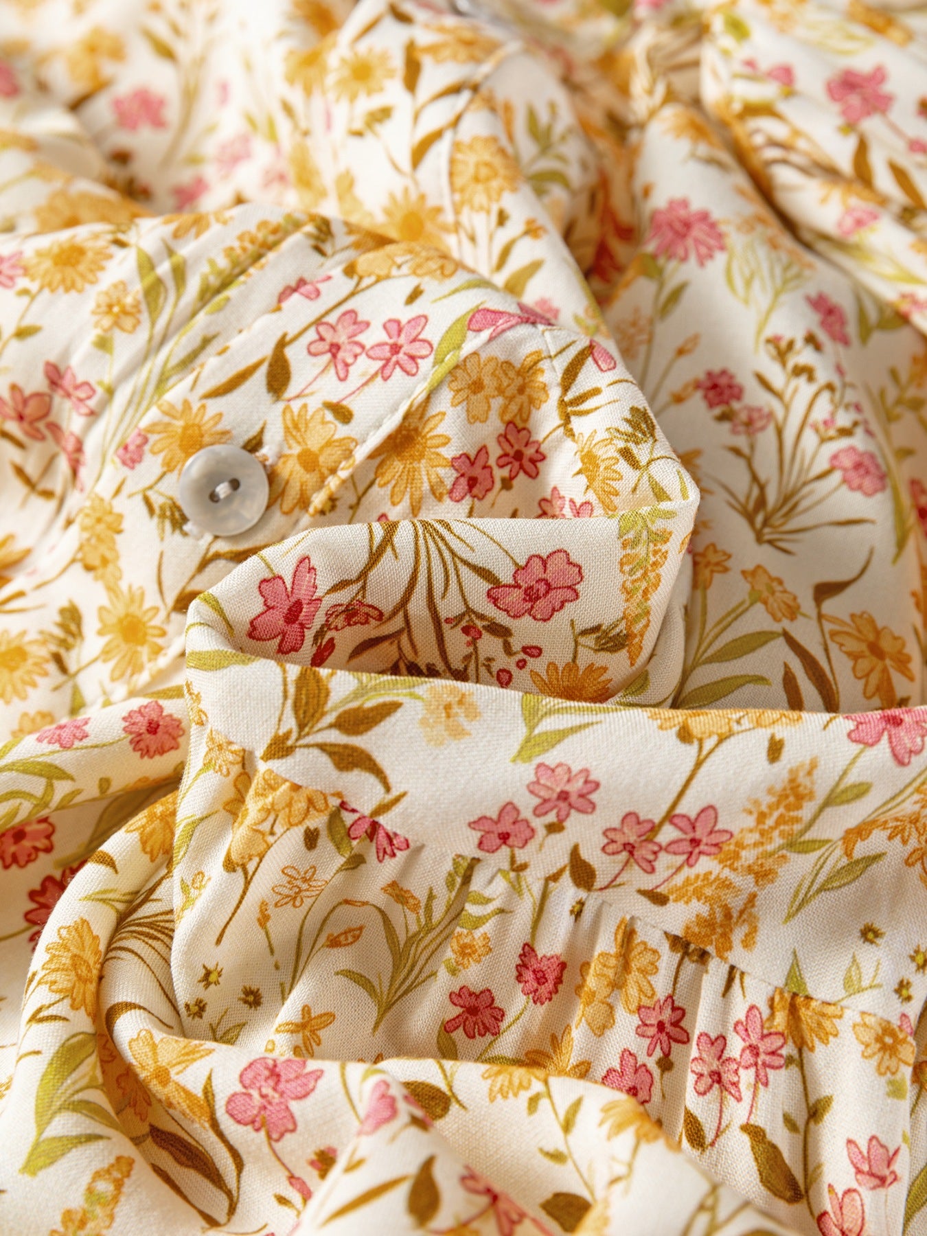 Floral Print Frilly Trim Smocked Cuff Long Sleeve Loose Shirt Dress