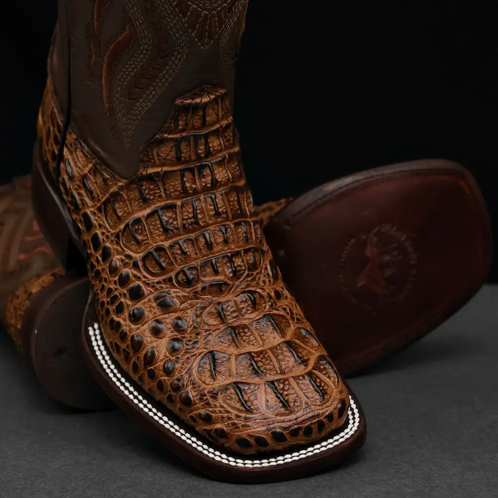 Honey Caiman Neck Leather Boots - Square Toe