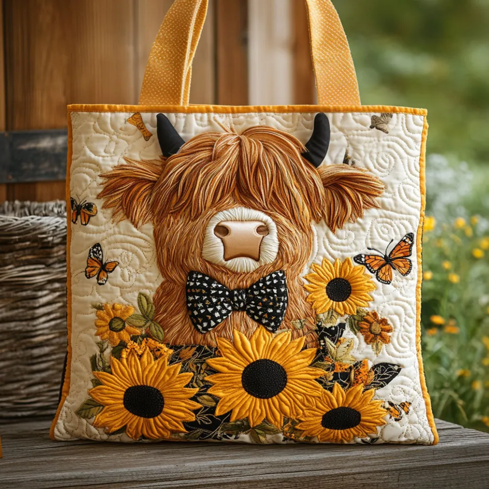 Sunny Companion – Highland Cow Quilted Tote Bag