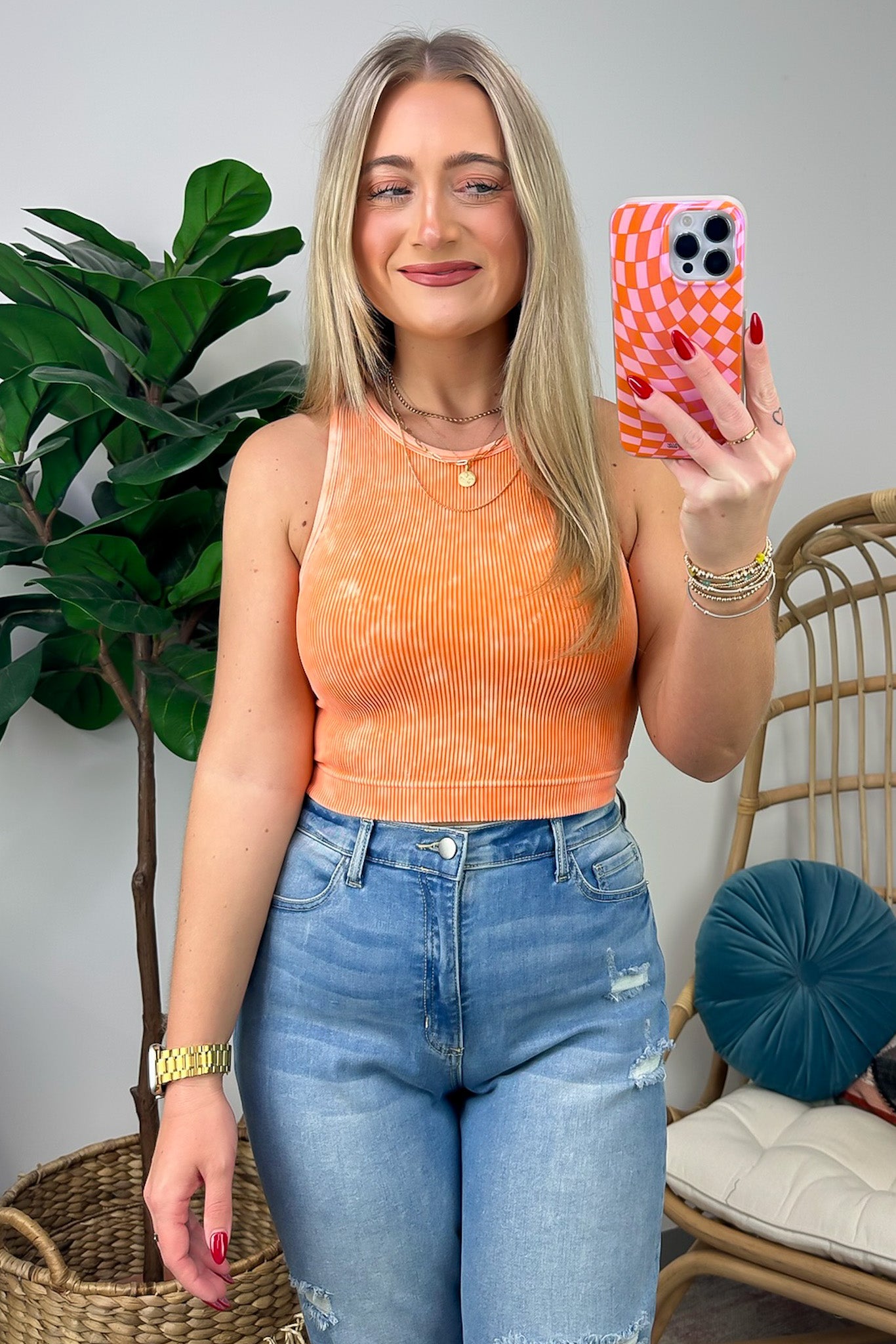 Washed Ribbed High Neck Cropped Tank Top