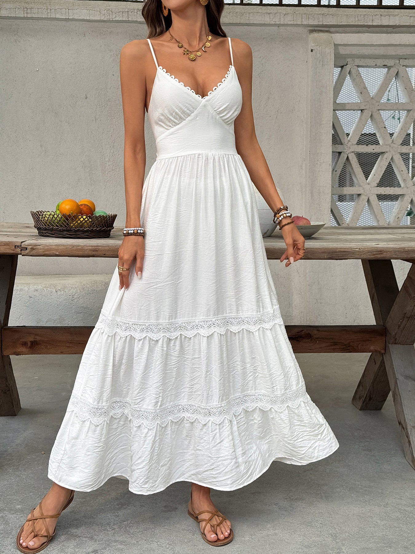 Lace Detail V-Neck Tiered Maxi Dress