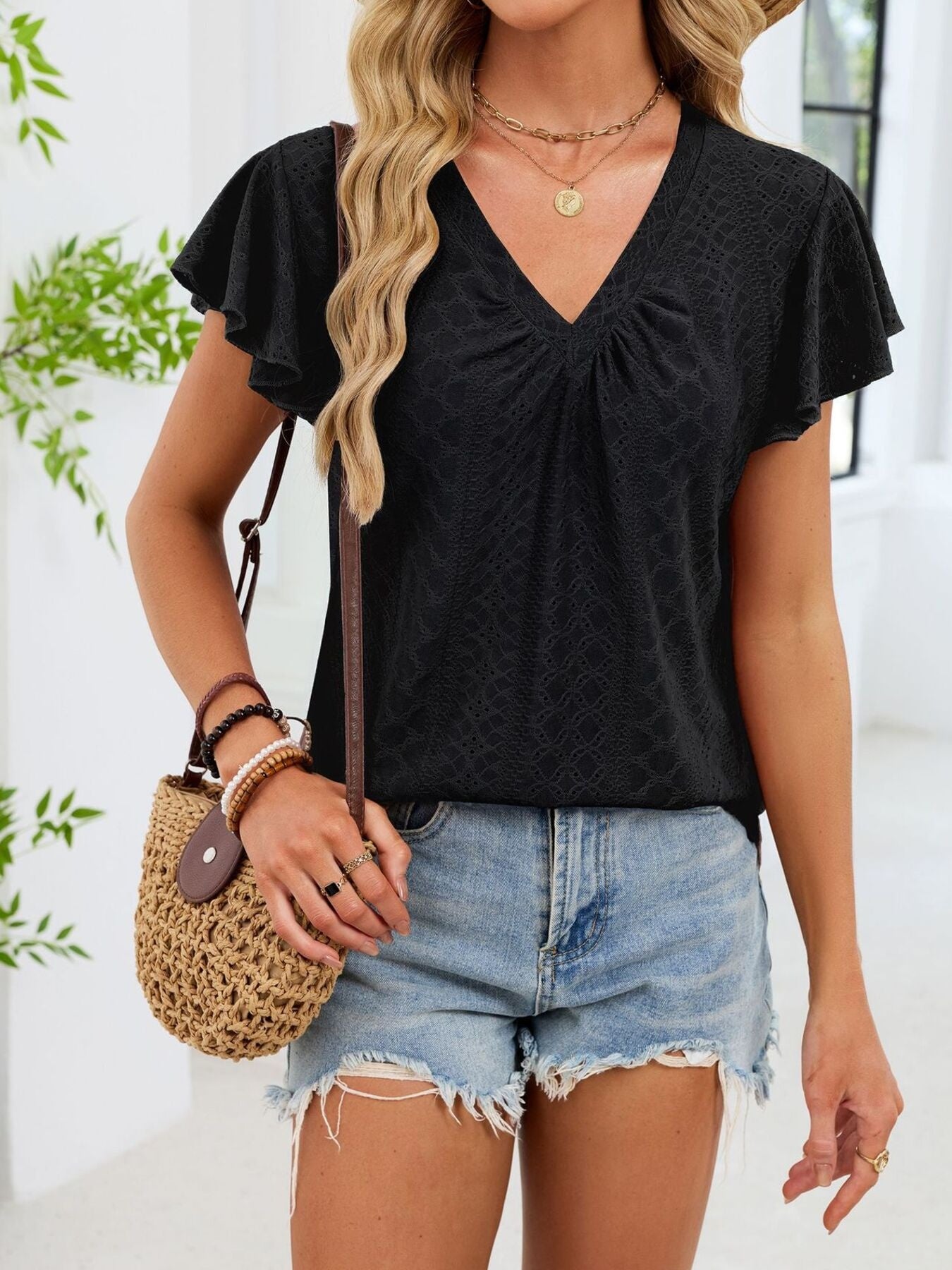 V-Neck Flutter Sleeve T-Shirt