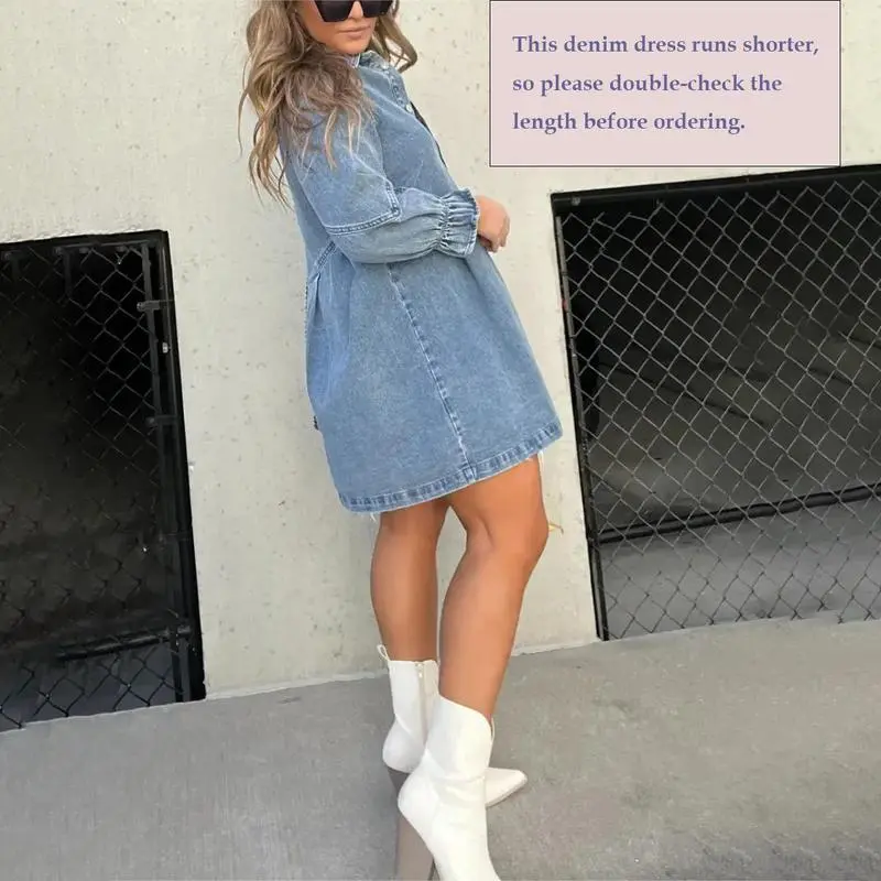 Washed Denim Puff Sleeve Mini Dress – Short-Length Collared Button Down with Ruffle Hem & Matte Silver Buttons