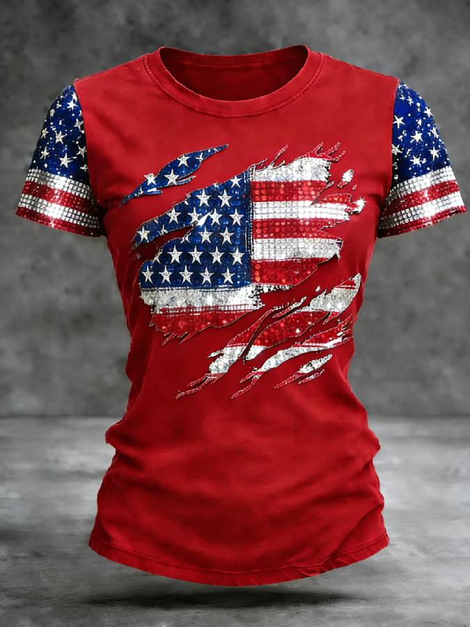 Ladies' 250Th Anniversary Commemorative Printed Round Neck Short Sleeve T-Shirt For American Independence Day