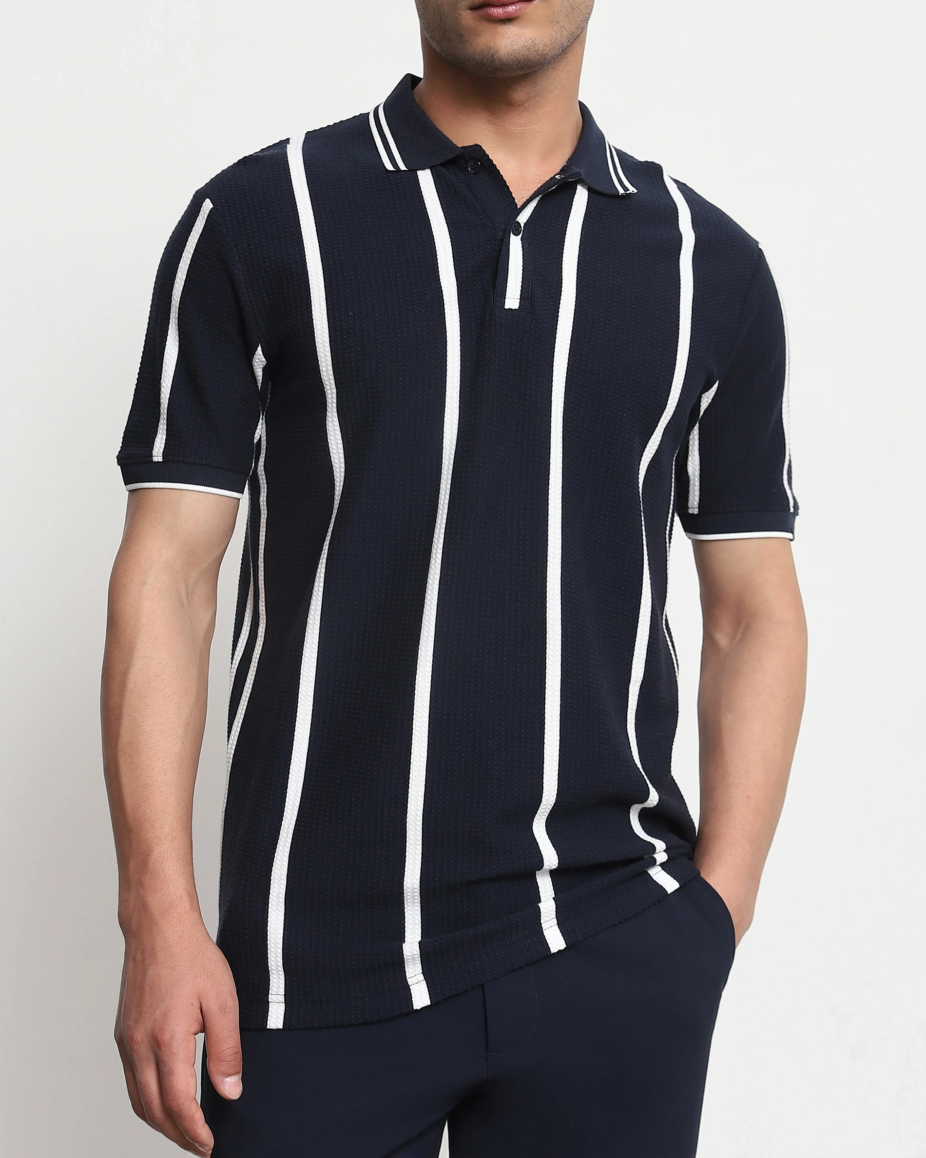 Daily Simple And Slimming Navy Striped Polo Shirt