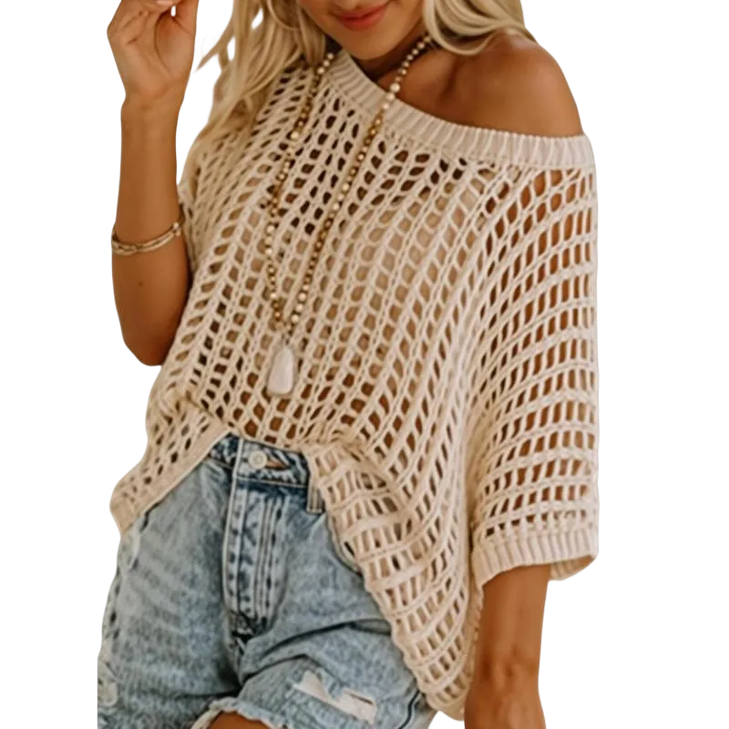 Womens Summer Scoop Neck Short Sleeve Sweater Casual Crochet Hollow Out Knit Tops