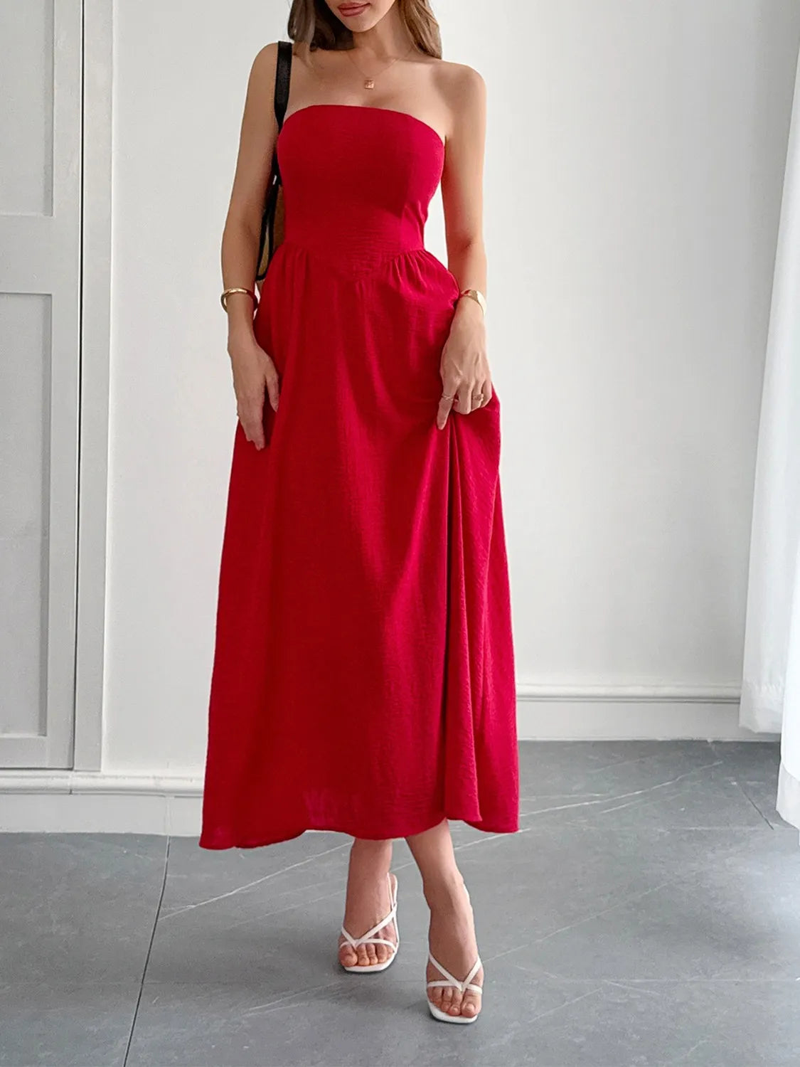 Strapless A-Line Midi Dress with Pockets