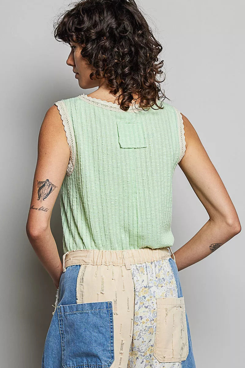 POL Ribbed Round Neck Tank with Lace Trim