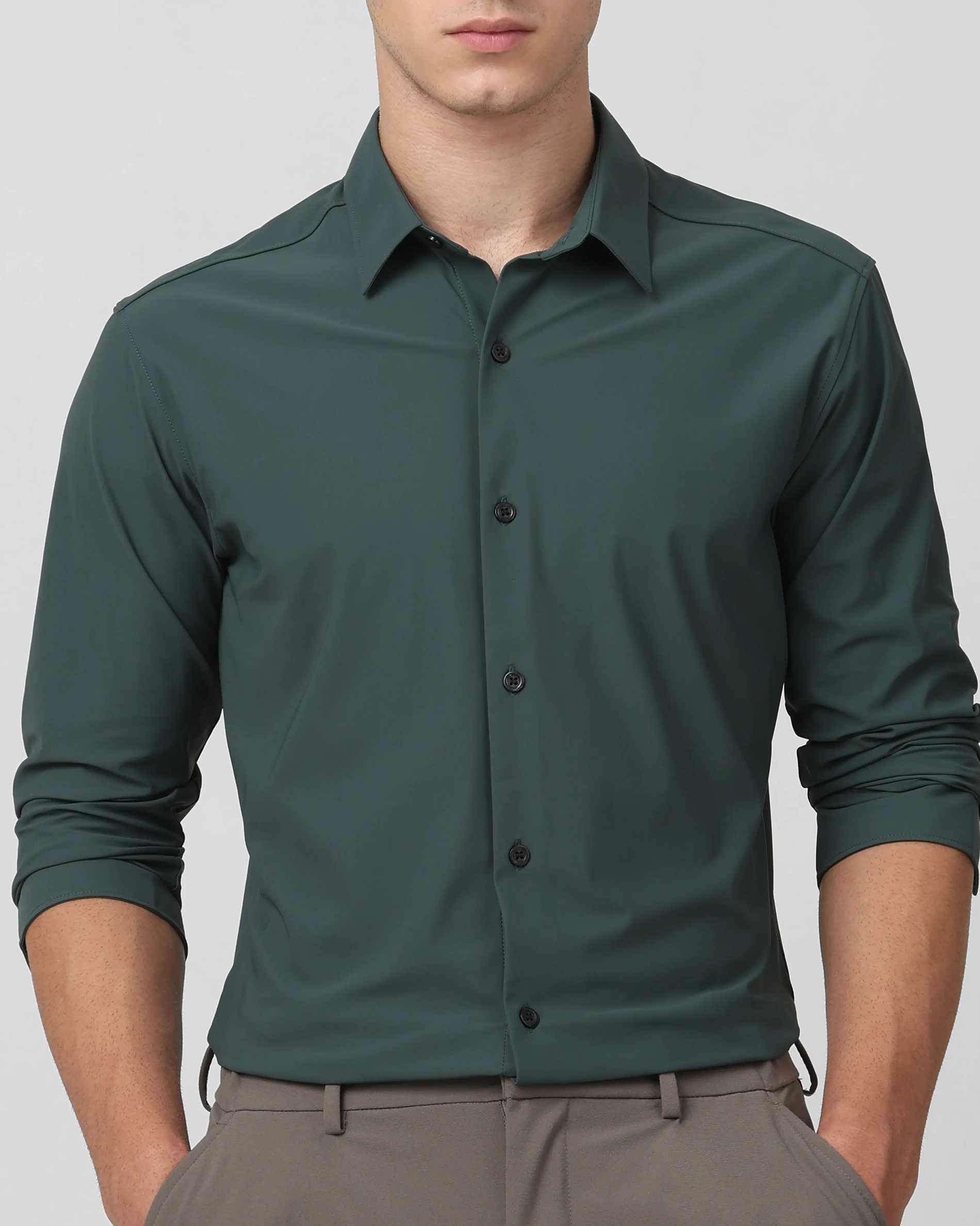 Leisure Soft And Comfortable Slim-Fit Dark Green Shirt