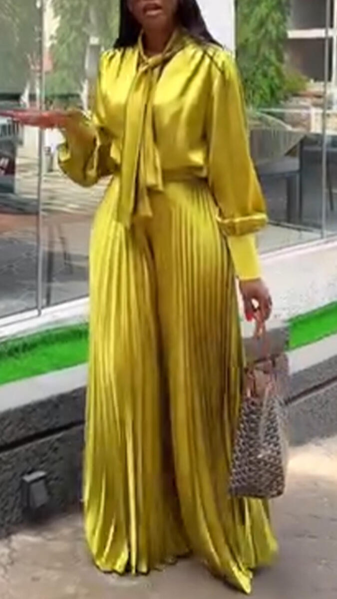 Women Round Neck Top+ Pleated Pants Shiny and Temperament Casual Suit