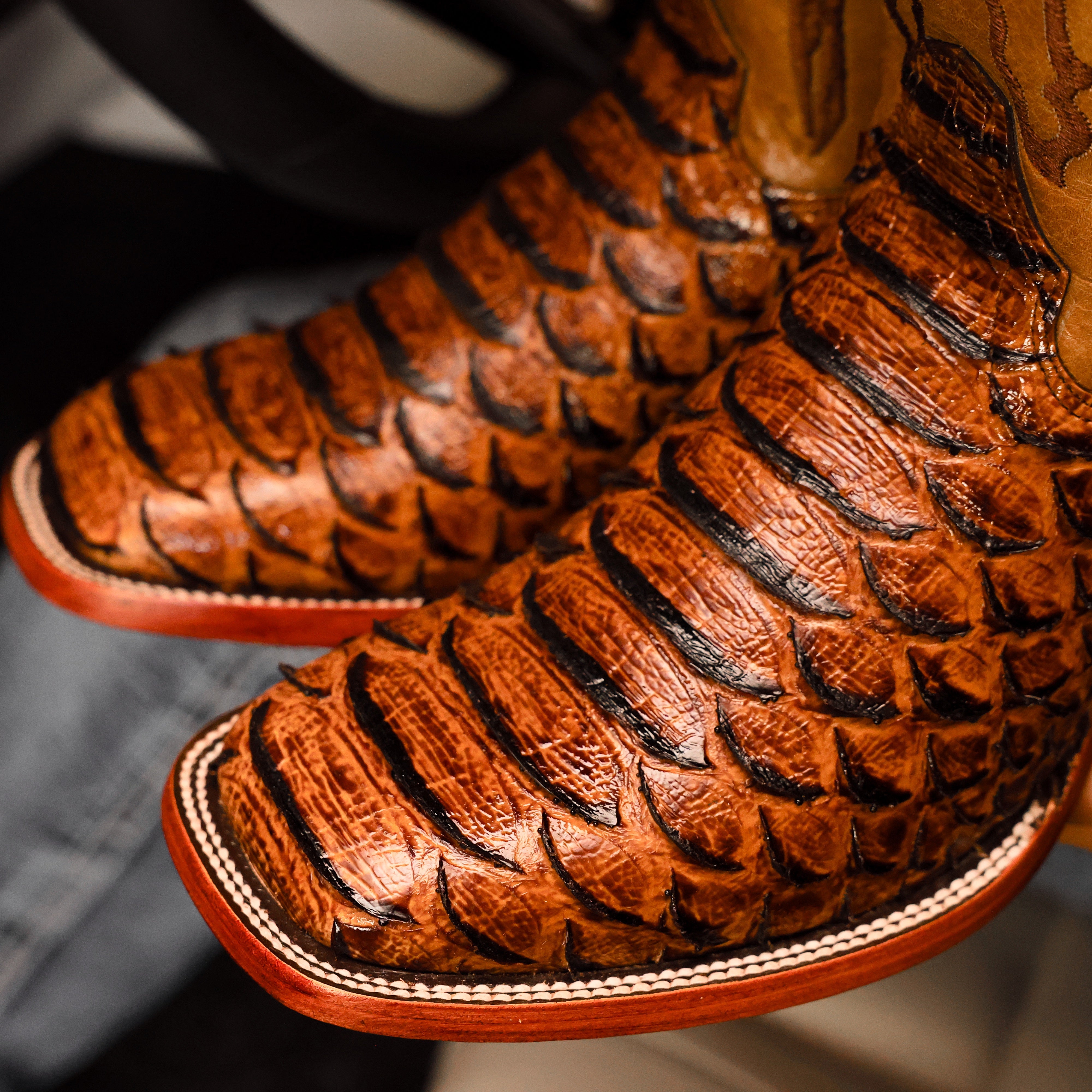 Honey Cognac Python Leather Boots - Square Toe