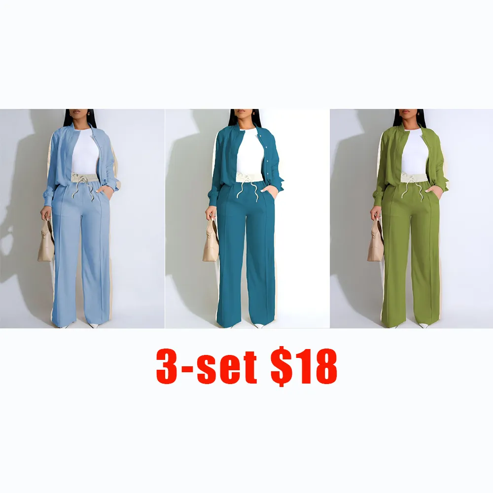 Two-piece Set Women's Patchwork Top & Wide Leg Pants Set, Casual Long Sleeve Outerwear & Pants for Daily Wear, Ladies Summer Clothes