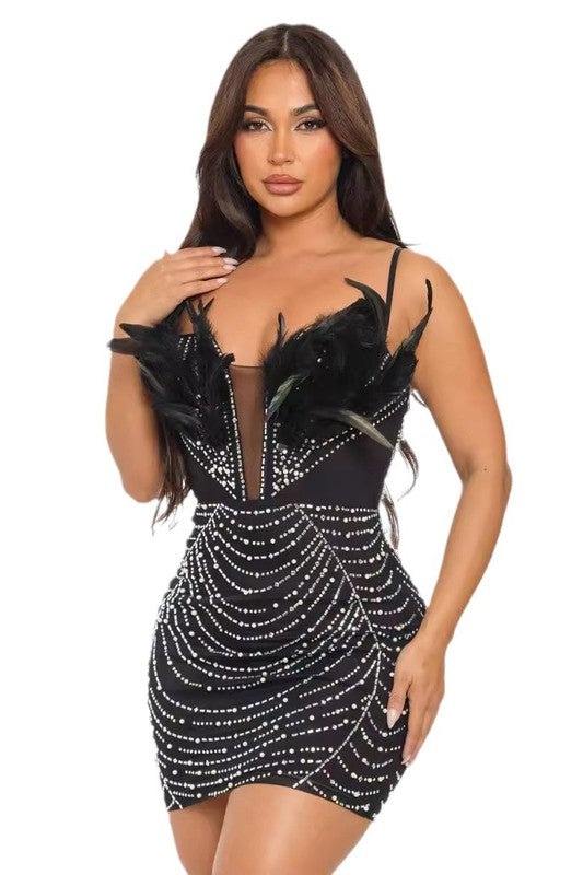 Rhinestone Night Club Feather Accent Mini Bodycon Dress