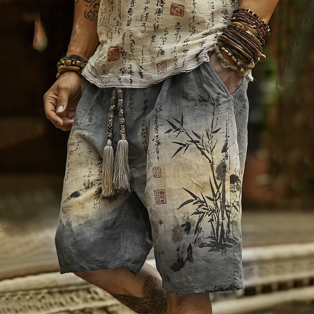 Japanese Art Bamboo Forest Ink Dyeing Art Tie-dye Shorts