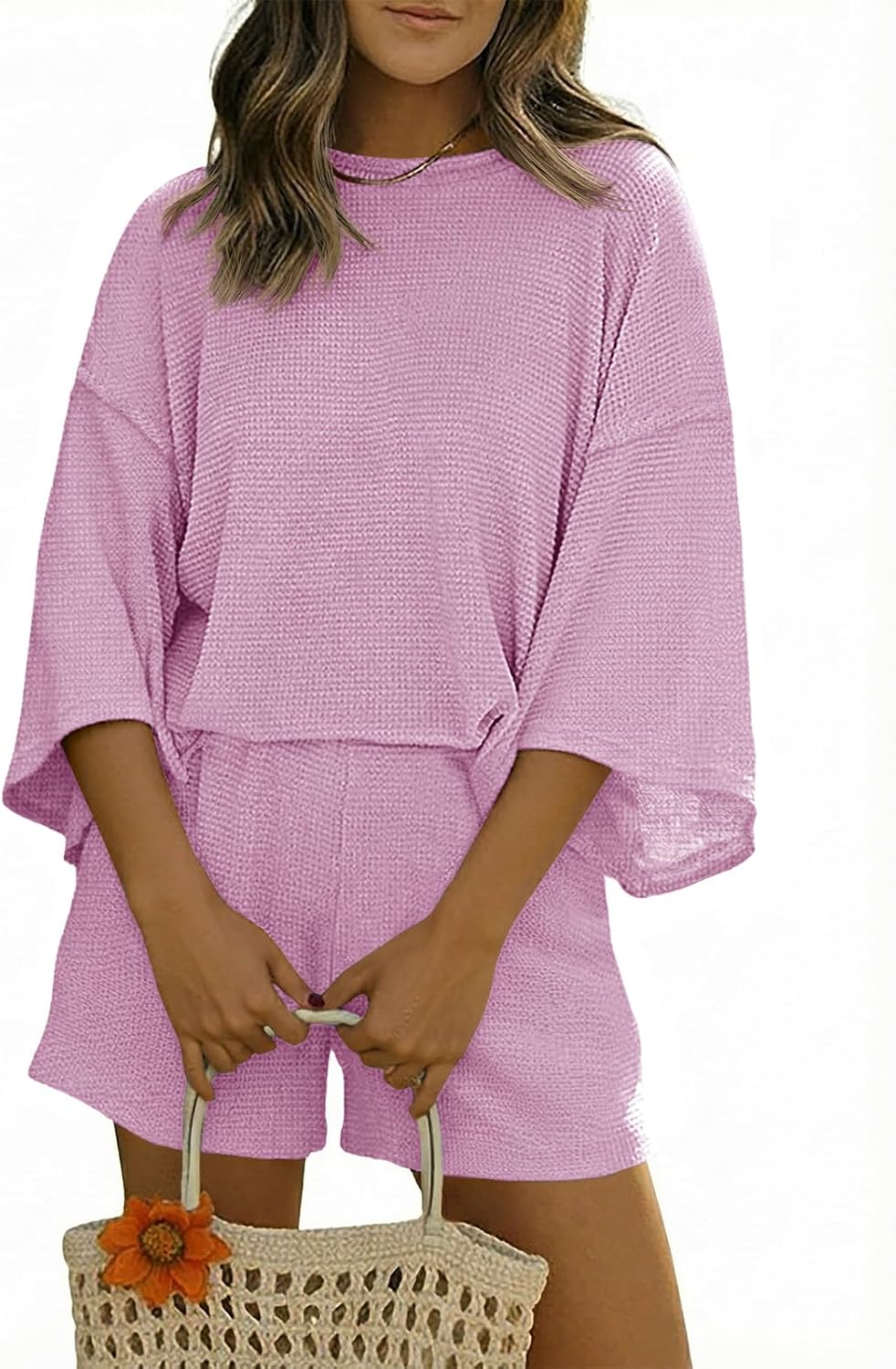 Womens Short Sets 2 Piece Outfits 3/4 Sleeve Tops and Elastic Waist Shorts Lounge Set Casual Loungewear