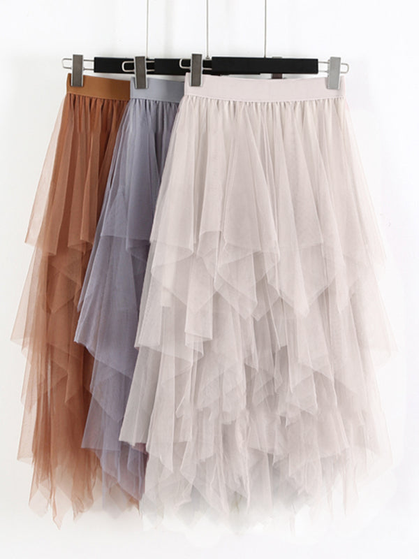 Fairy Mesh Splicing Solid Color High Waist Midi Skirt