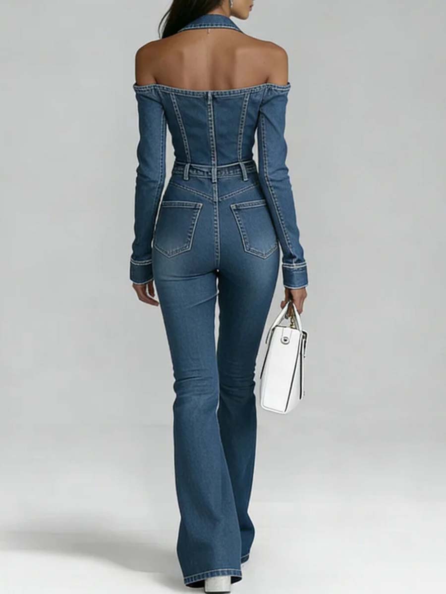 Women's Lapel Long-sleeved Casual Slim-fit Denim Jumpsuit
