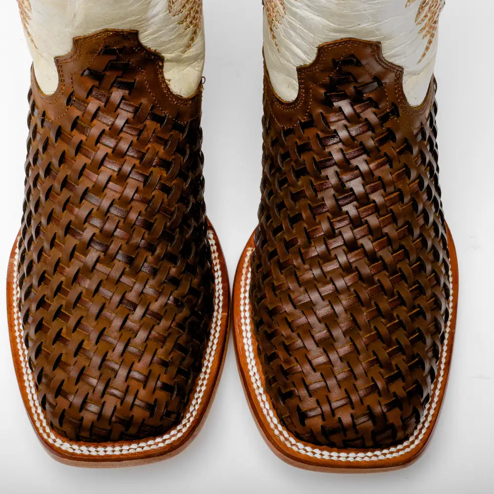 Tan Basketweave Leather Boots - Square Toe