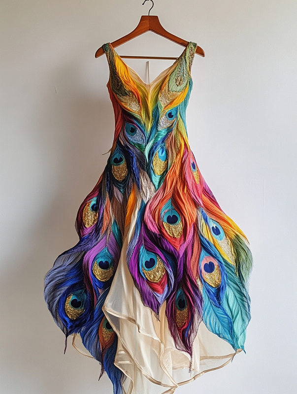 Summer Rainbow Peacock Feather Embroidered Dress ab44