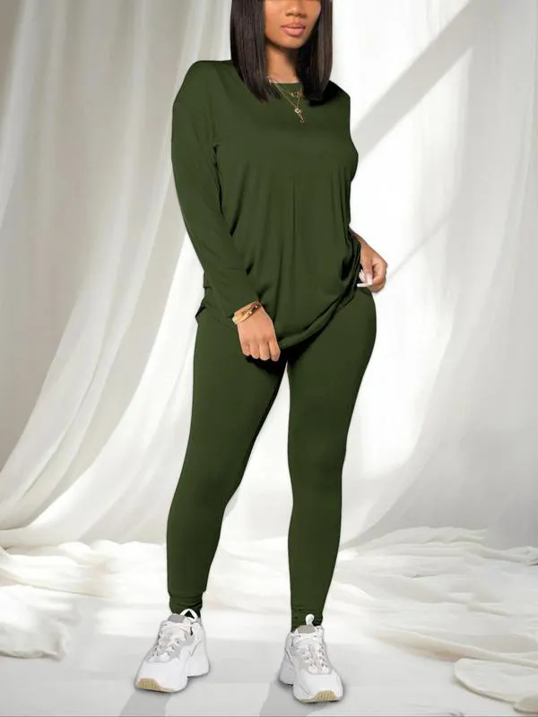 Women’s Two-Piece Set – Long Sleeve Tee & Elastic Waist Pants, Casual Outfit for Daily Wear