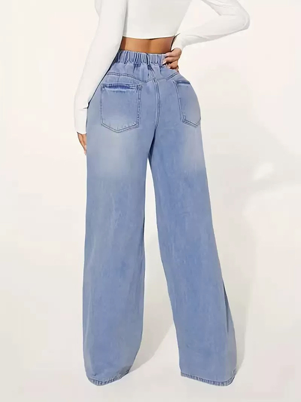 Drawstring Elasticity Split-Joint High Waisted Loose Jean Pants Bottoms