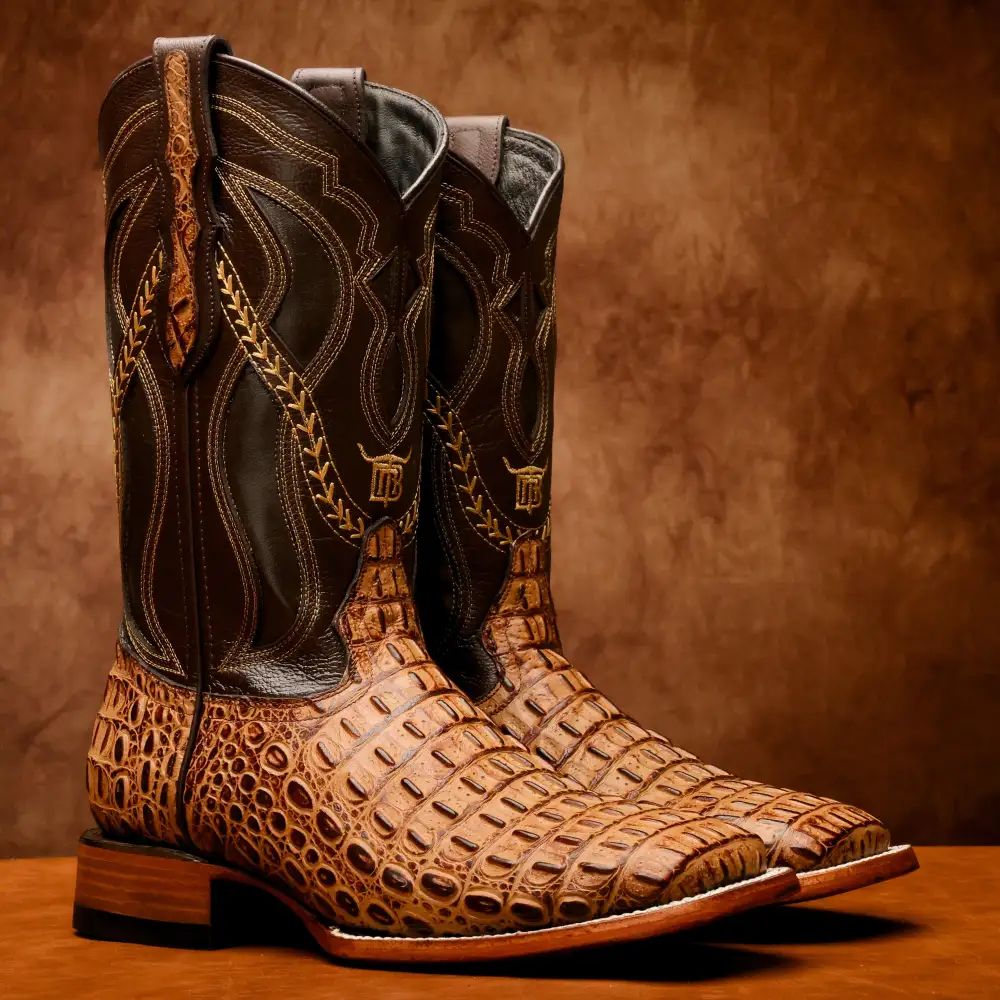 Honey Caiman Hornback Leather Boots - Square Toe