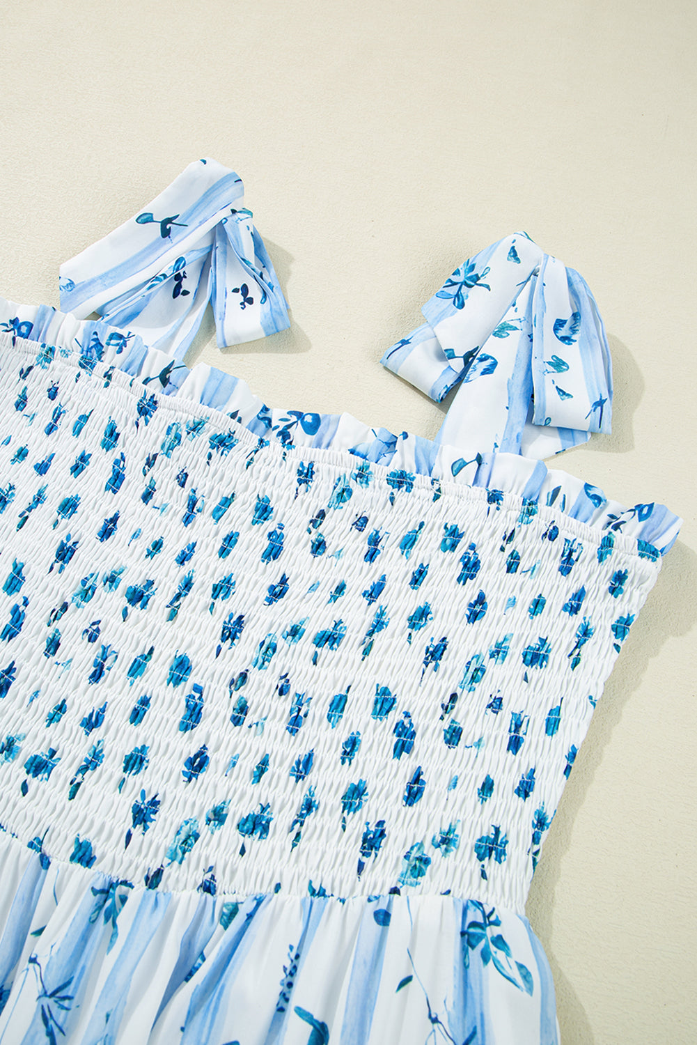 Sky Blue Floral Smocked A-Line Tie Straps Maxi Dress