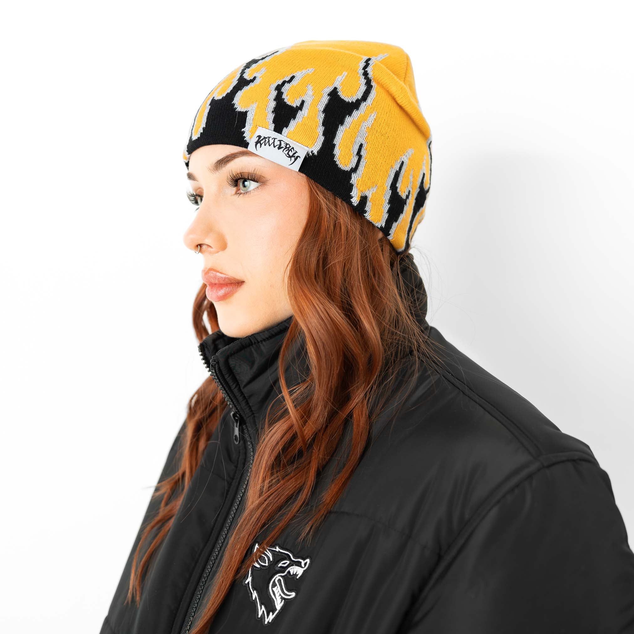 FLAME SKULL CAP BEANIE - ORANGE / BLACK