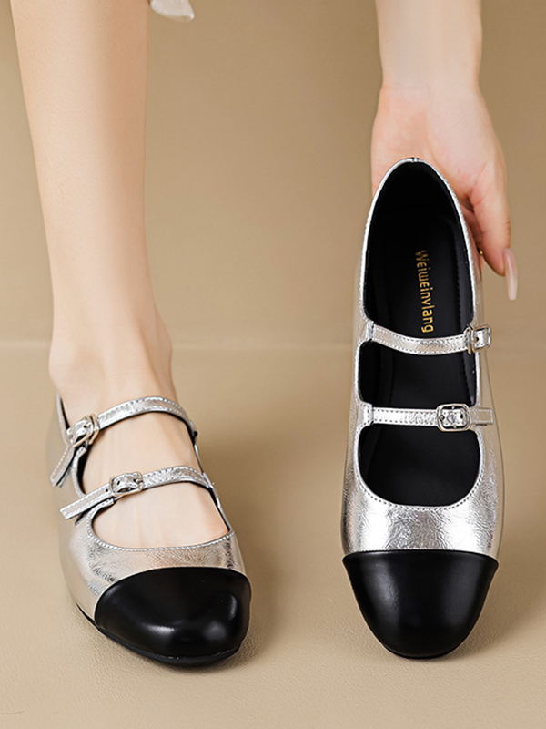 Belt Buckle Round-Toe Split-Joint Mary Janes Flat Shoes