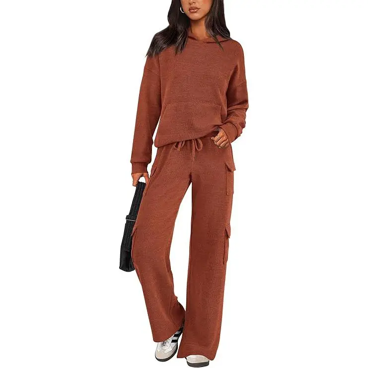 Women's Fall Knitted Hoodie Tracksuits Wide Leg Pants With Pocket Sets