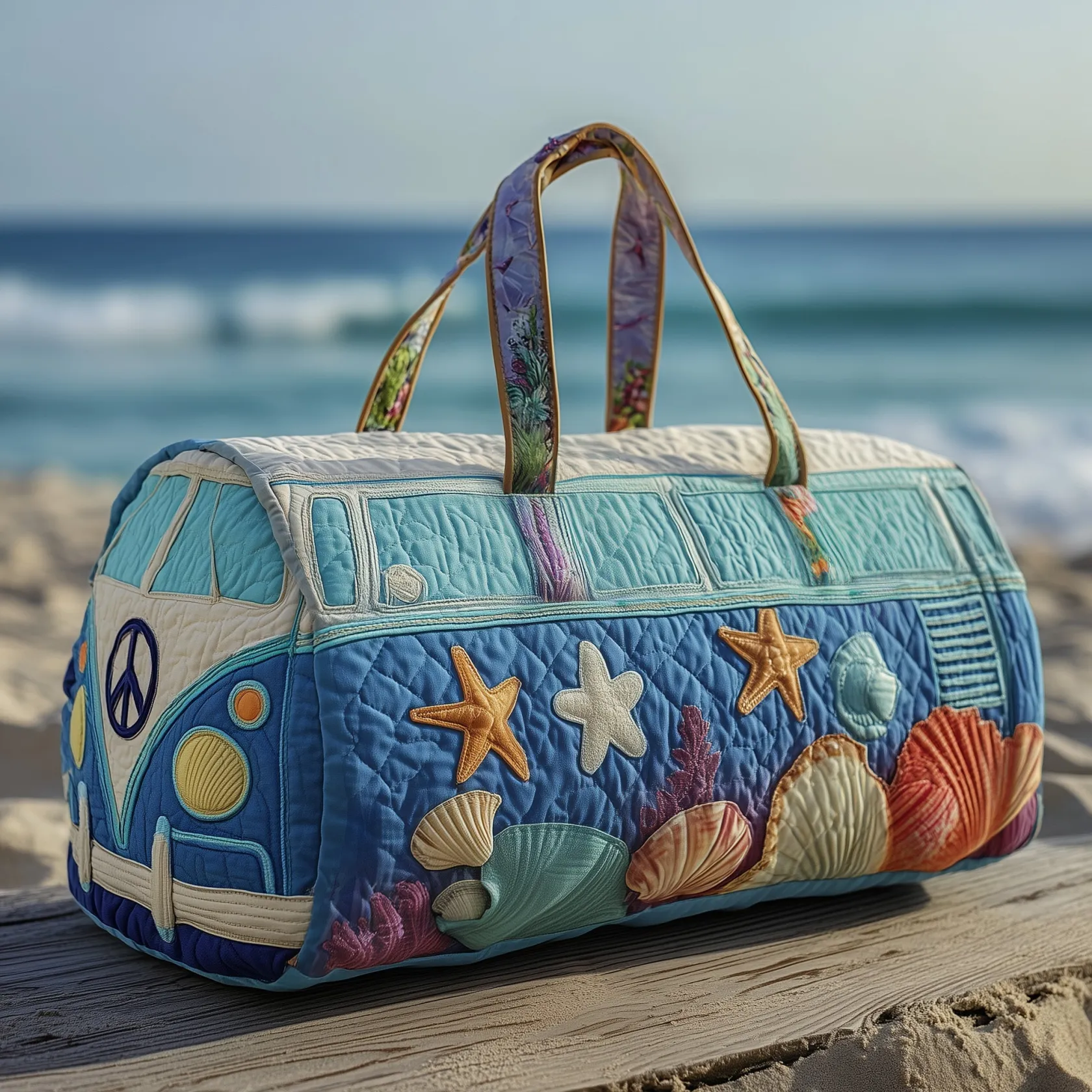🌊🚐 Coastal Shells Camper Quilted Duffle Bag – Beach Boho Travel Weekender + Overnight Bag ✨🐚⭐️