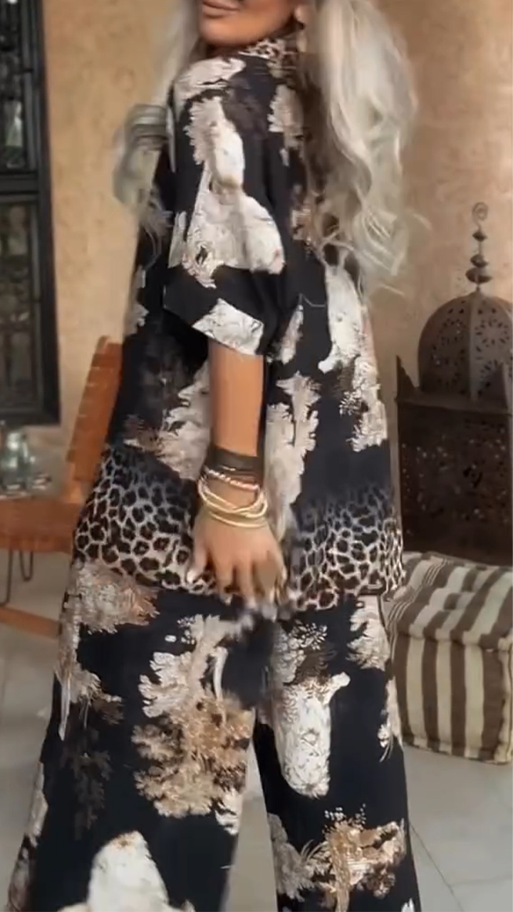 Women's V-neck Printed Top + Pants Loose Casual Suit