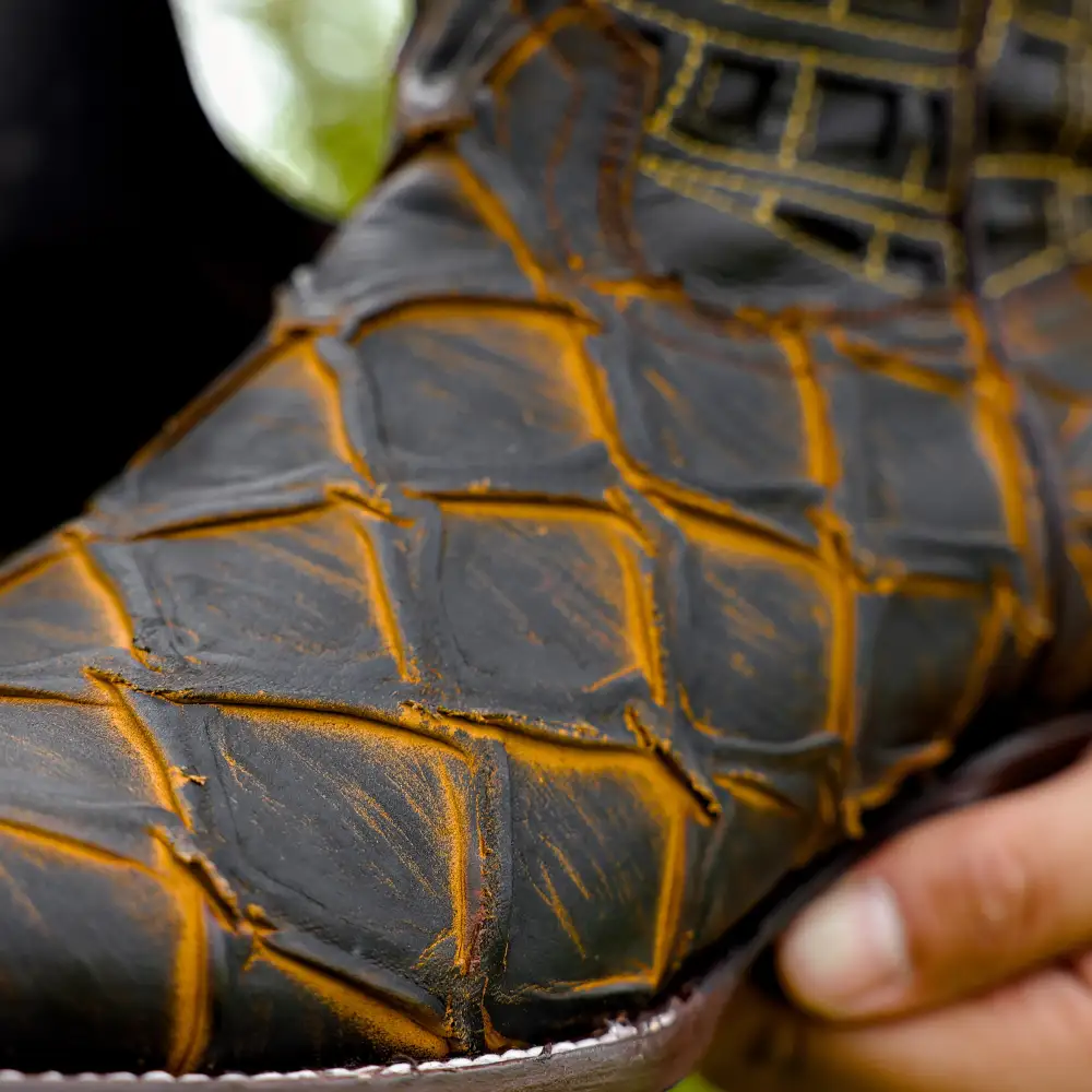 Matte Rustic Black/Honey Pirarucu Leather Boots - Square Toe