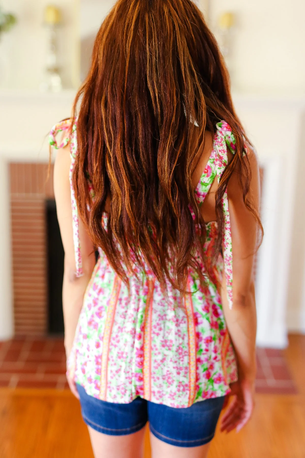 Summer Days Floral Smocked Shoulder Tie Top in Ivory & Fuchsia