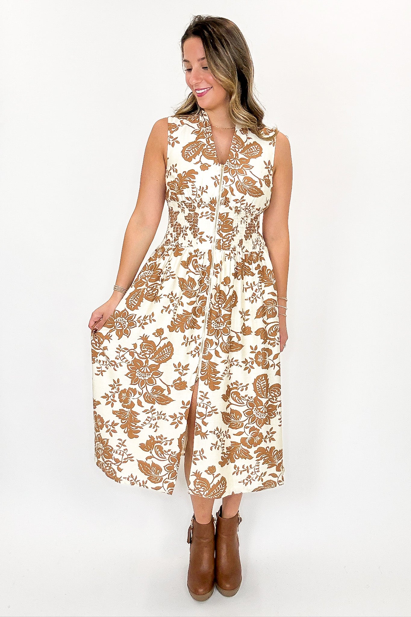 Paisley V-Neck Smocked Waist Zip Front Midi Dress