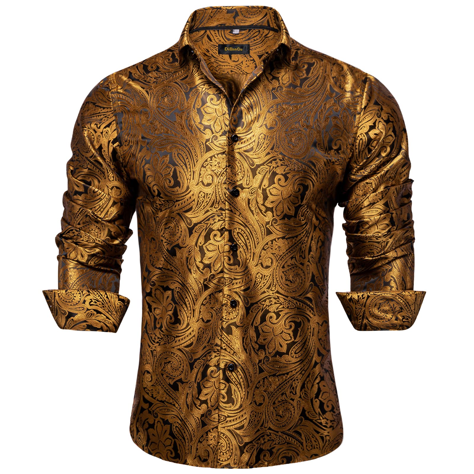 Men's Paisley Dress Shirt Long Sleeve Wrinkle Free Button Down Cowboy Shirts - Gold&paisley
