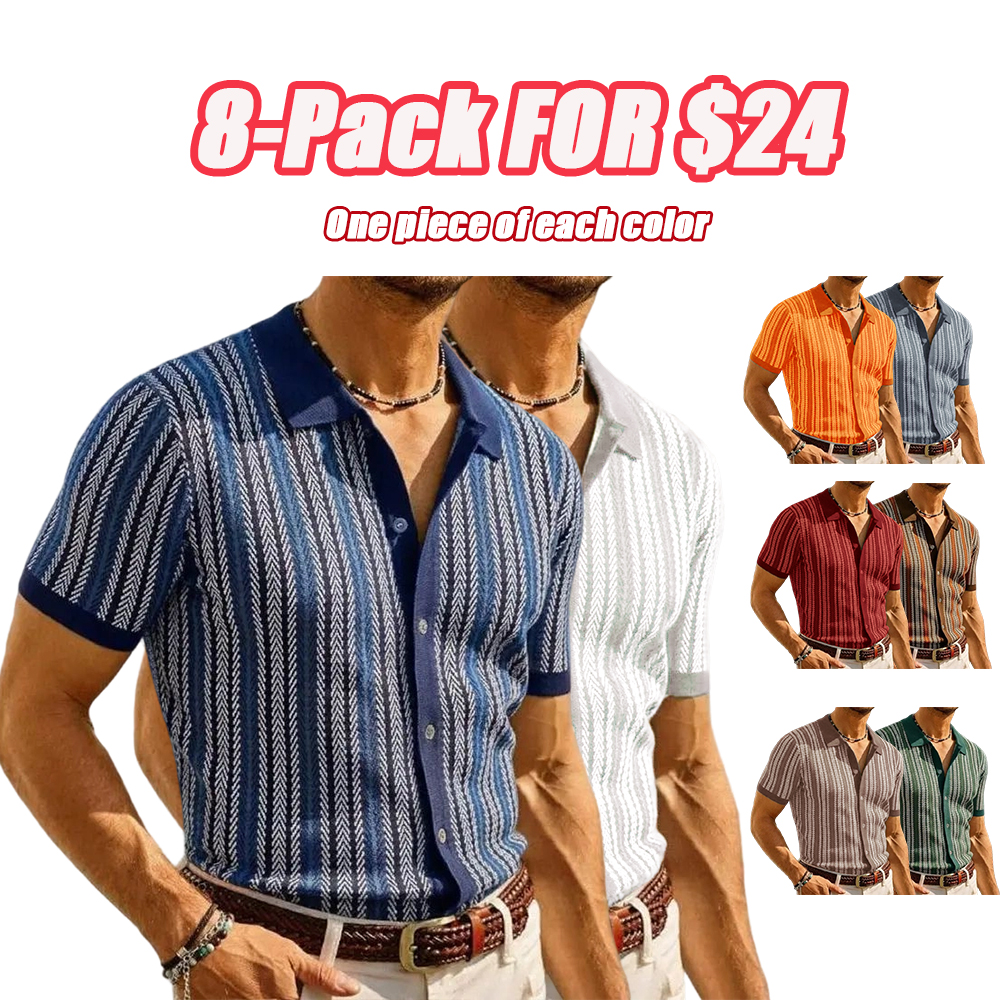 Mens Knit Polo Shirts Vintage Casual Short Sleeve Shirt Golf Button Down Pinstripe Old Money Top