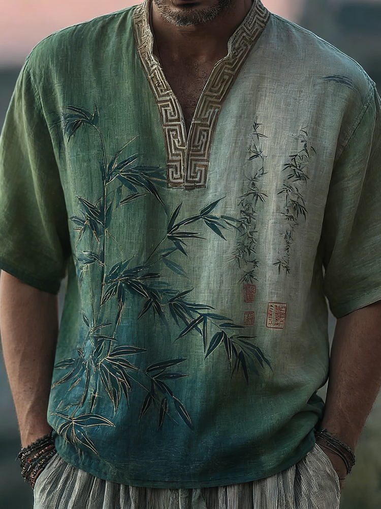 Japanese Bamboo Pattern Embroidered Color Blocked Linen Blend Shirt