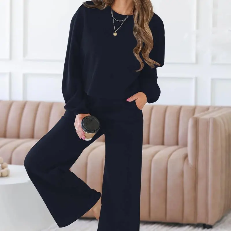 Women's Spring Fall Relaxed Fit 2-Piece Lounge Set | Long Sleeve Top & Wide Leg Pants