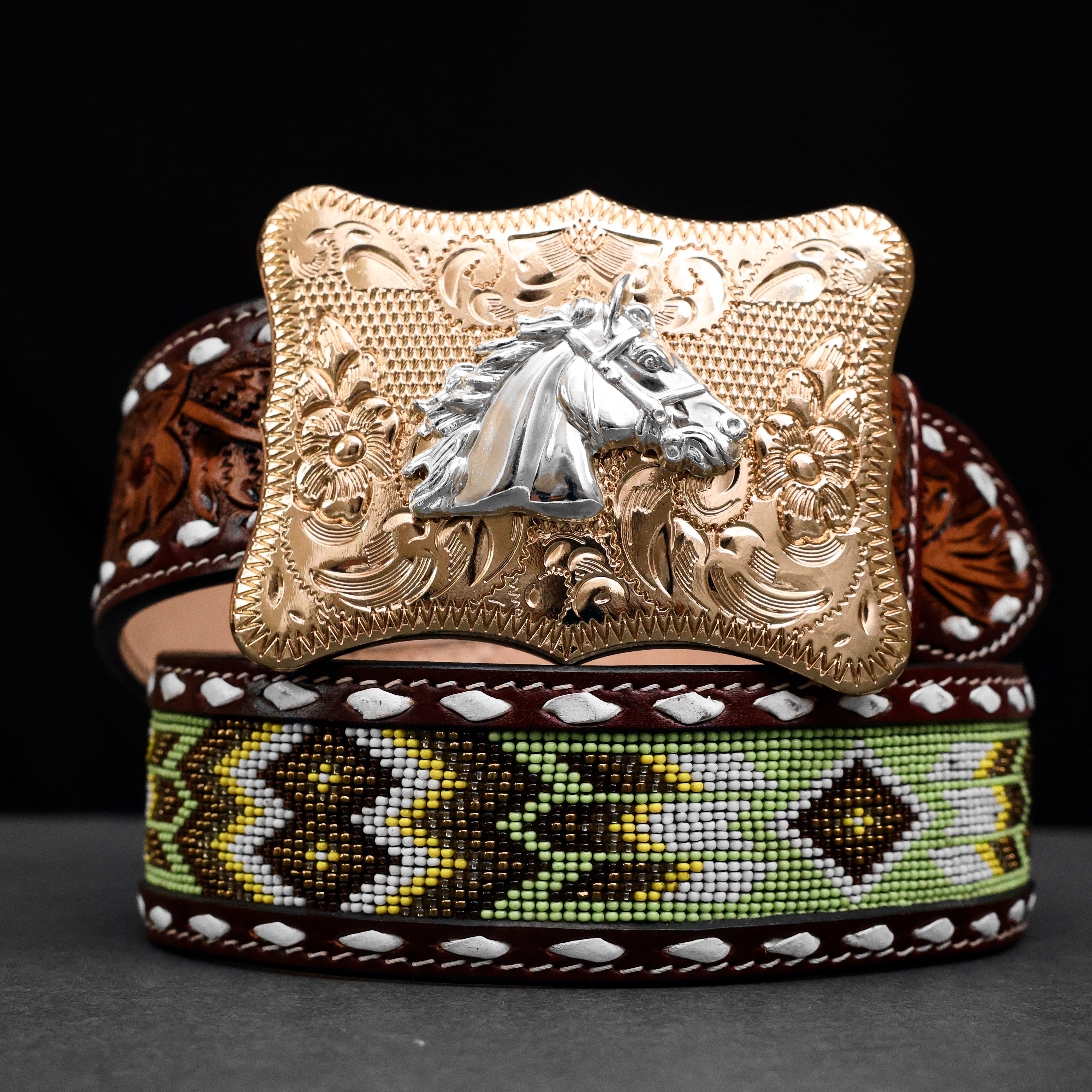 2 Inch Hand-Tooled Artesanal Beaded Leather Belt