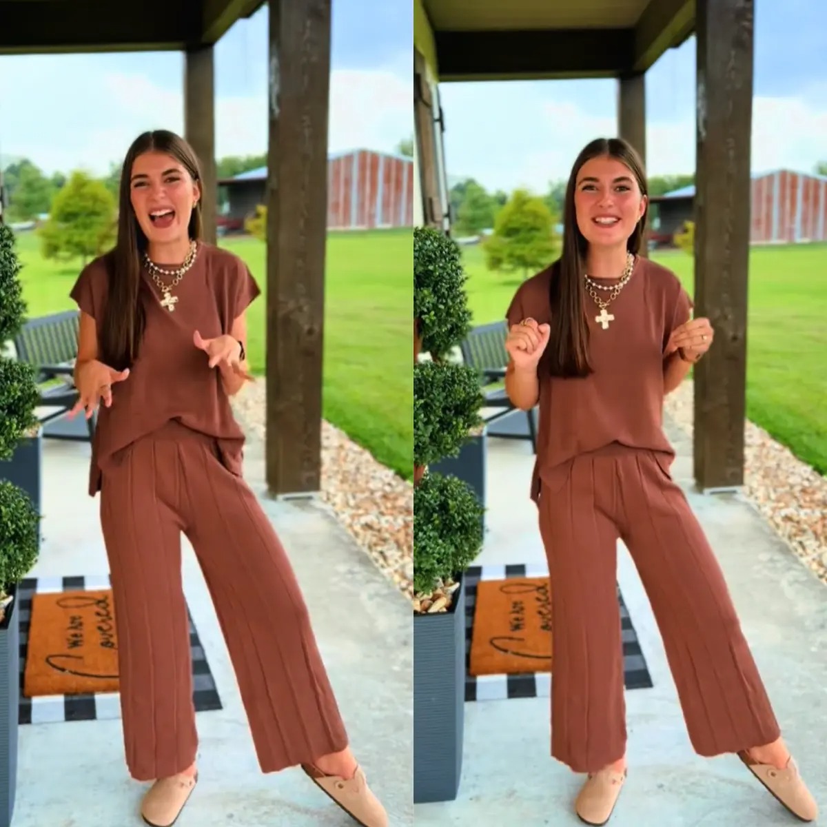 ✨ Women’s Knit Two-Piece Lounge Set – Cap Sleeve Top & Wide Leg Pants