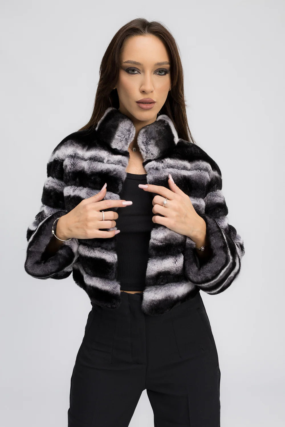 Haină din Blană Naturală de Rex Chinchilla, cu Guler Tunică, Femei, Shadow Mist 463