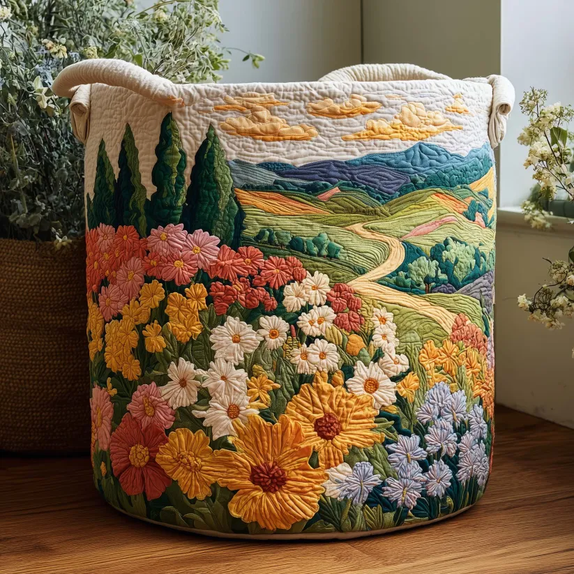 Natural Scenery and Floral Quilted Laundry Basket