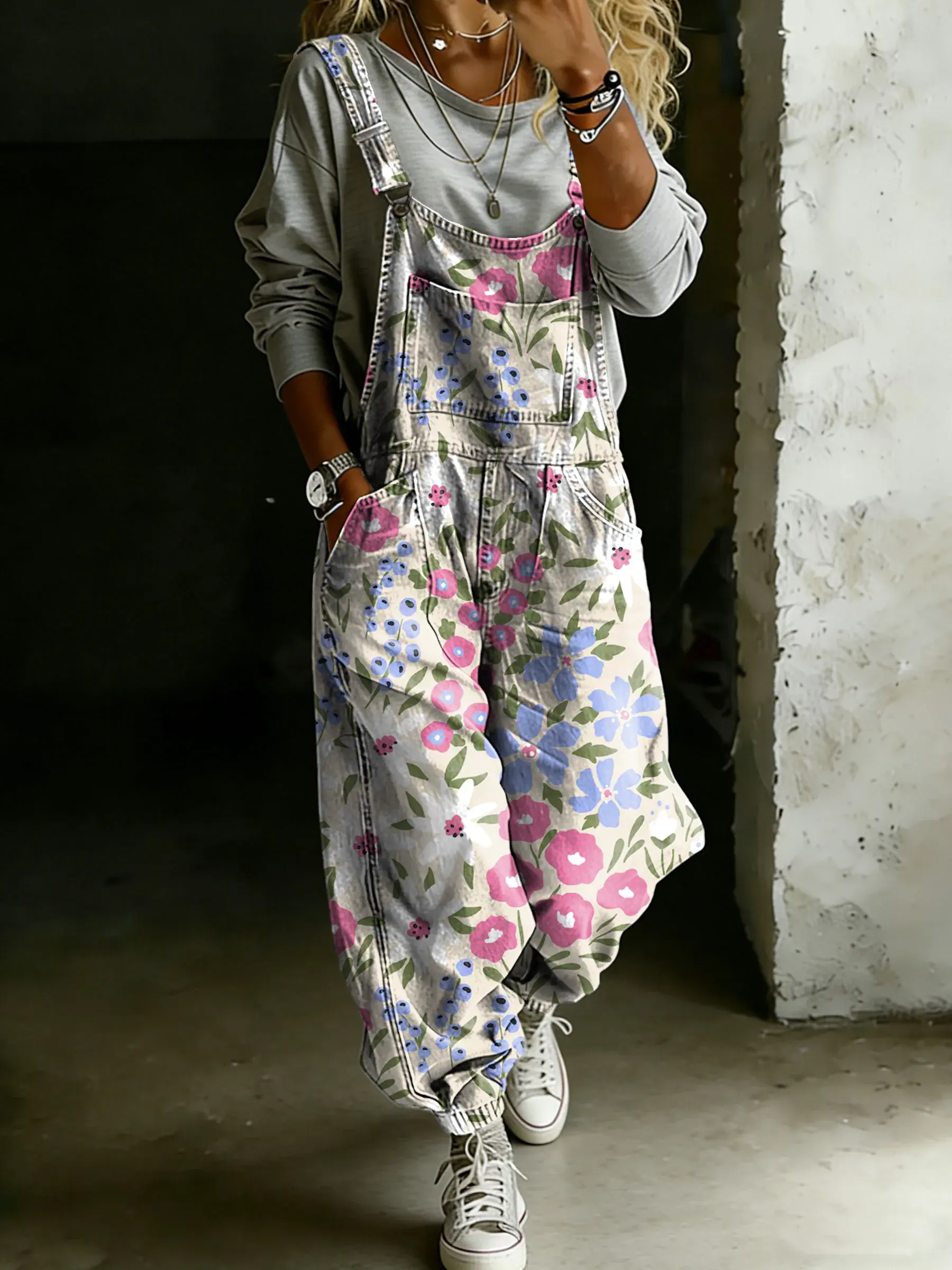 Women’s Vintage Multicolor Floral Art Print Casual One Piece Denim Jumpsuit