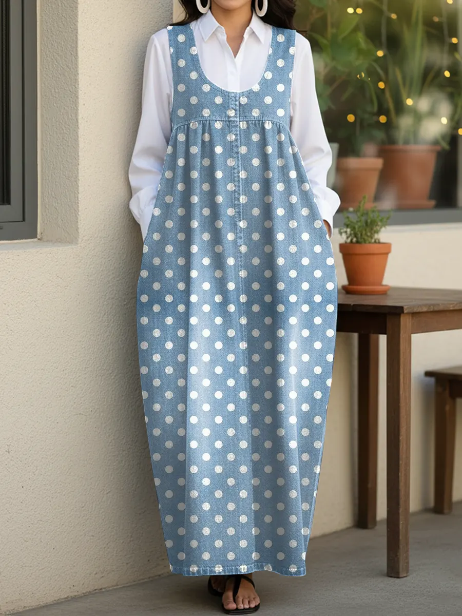 Women's Cute Polka Dots Casual Loose Denim Vest Dress
